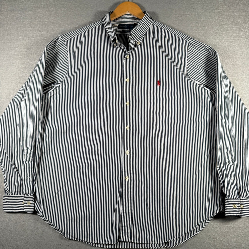Ralph Lauren Mens XL Classic Fit Striped Button Down Shirt Navy‎ Blue White Pony